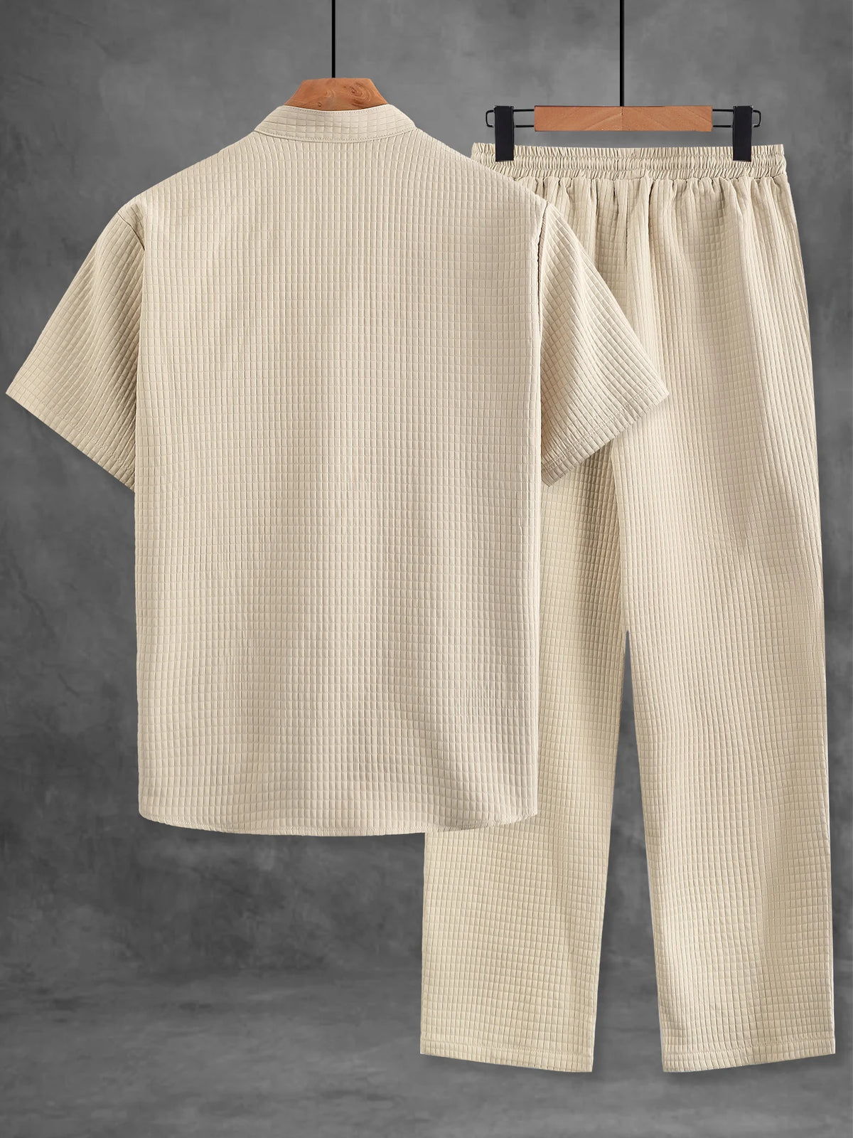 Men's 2 Piece Khaki Waffle Set, Stand Collar Short Sleeve Shirt & Drawstring Pants Summer Casual Outfit